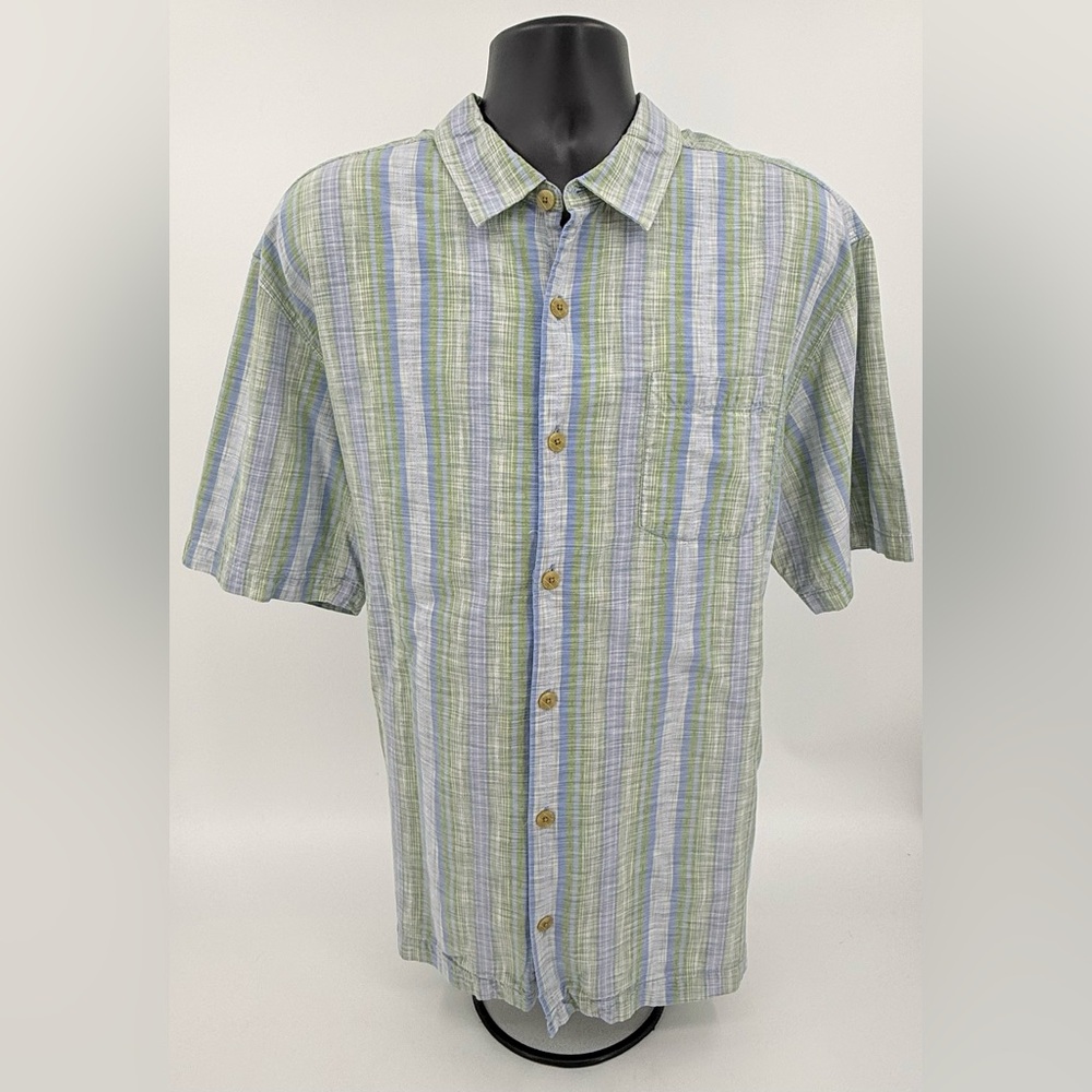 Tommy Bahama Mens 100% Linen Shirt Short‎ Sleeve Stripe Beige Green Size XLX